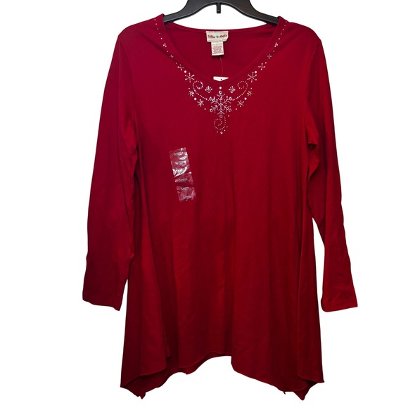 Toffee Apple Tops - Toffee Apple Women's Snowflake Tunic Large NWT Long Sleeve Red Flare Rhinestones